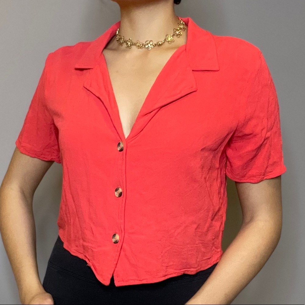 Crimson Short Sleeve Collared Button Down Top